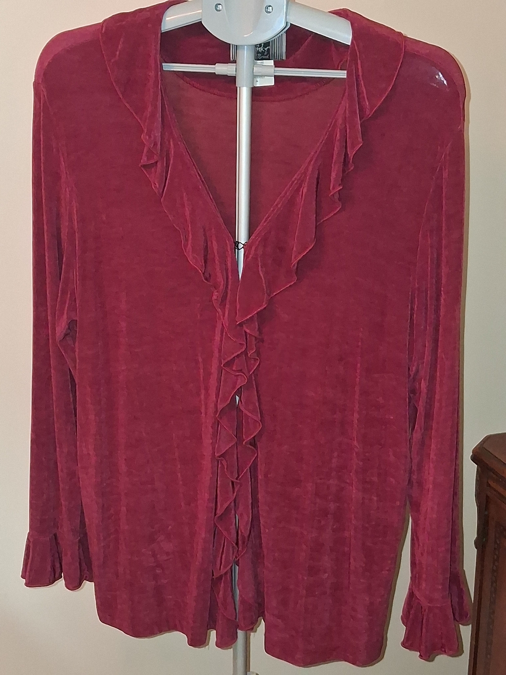 Vintage Slinky Brand Ruffled Open Front Cardigan Burgundy Red